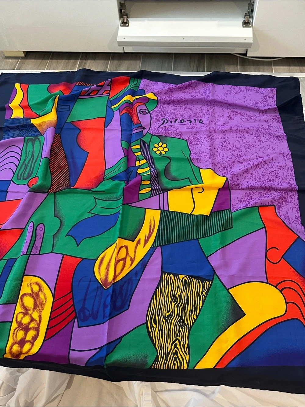 Picasso portrait scarf Colorful Abstract Silk Scarf with Signature Detail